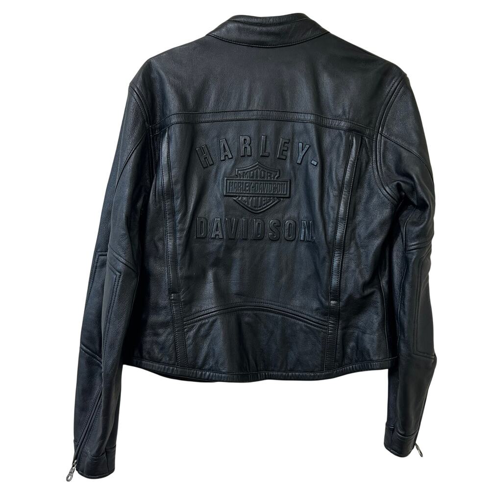 Harley Davidson Womens Sz Small Black Leather Full Zip Vented Jacket Embossed